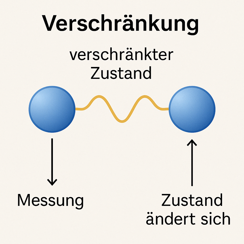 Illustration der Quantenverschränkung zweier Qubits mit Messung und Zustandsänderung, als Beitragsbild für das Glossar.