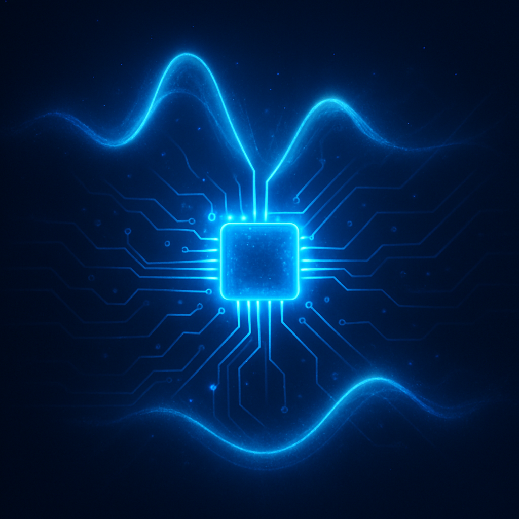 Abstrakte Darstellung eines Transmon-Qubits mit stabilen supraleitenden Schaltkreisen und leuchtenden Energieflächen