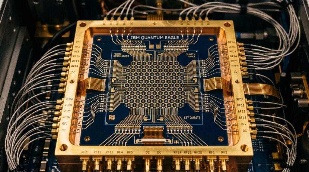 Makroaufnahme des IBM Eagle 127-Qubit-Quantenchips mit Heavy-Hex-Gitter und Mikrowellen-Resonatoren im Kryo-Package