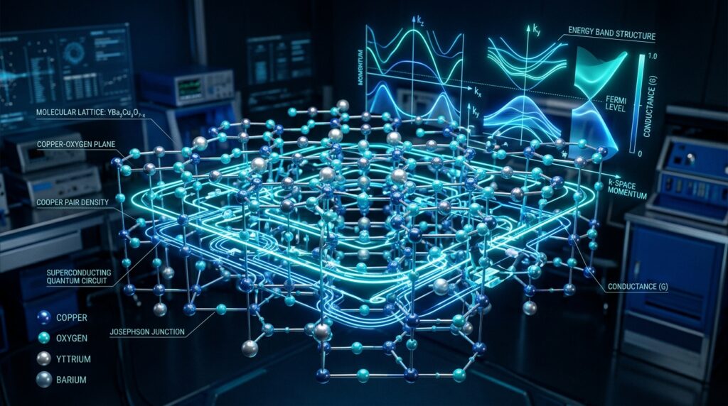 3D-Visualisierung eines Supraleiter-Kristallgitters und elektronischer Bandstrukturen für Quantencomputing-Simulationen