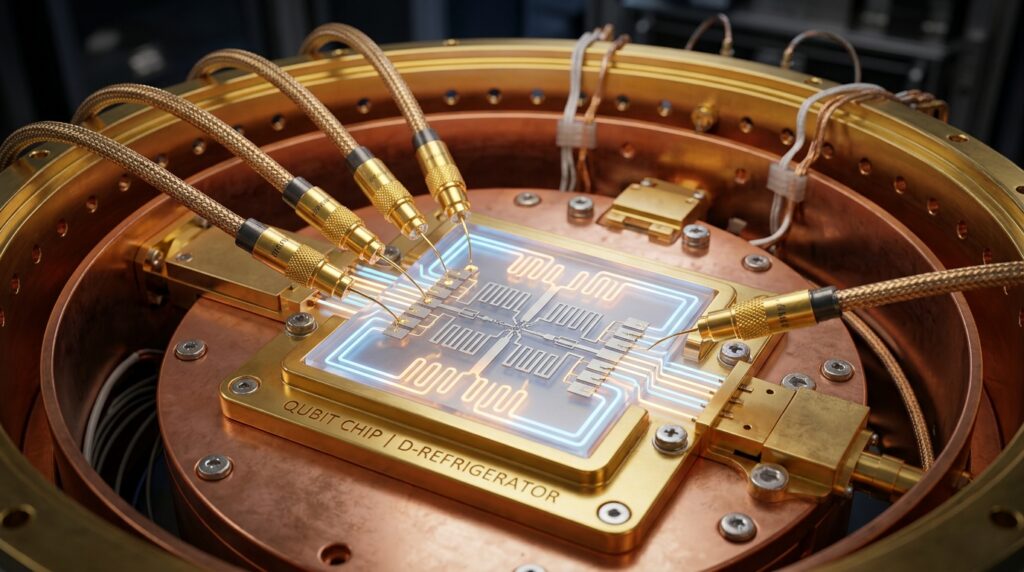 Photorealistische Visualisierung eines supraleitenden Transmon-Qubit-Chips in einer 3D-Kupfer-Kavität für Millisekunden-Kohärenz