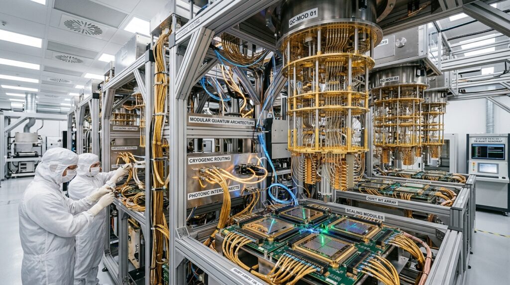 1 Million Qubits Roadmap: Modulare Quantencomputer-Architektur mit Kryostaten, photonischen Interconnects und Qubit-Arrays im Reinraum