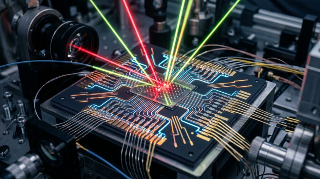 Quantenhardware im Labor mit optischen Messstrahlen für Sensorik und Quantenwalks